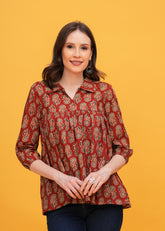 Traditional Maroon Ajrak Print Shirt Collar Pure Cotton Top - A Fusion Of Heritage and Contemporary Style